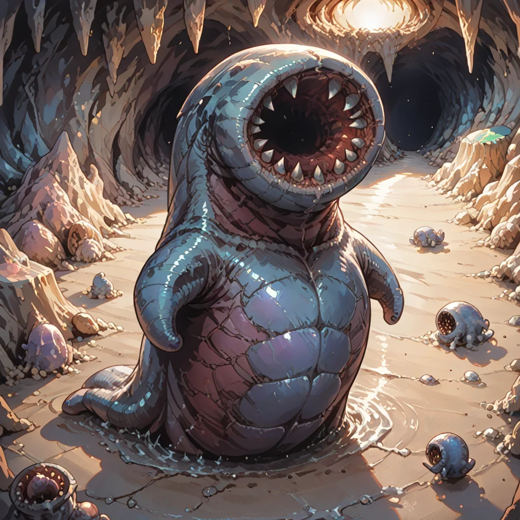 score_9, score_8_up, score_7_up, best quality, masterpiece, source_anime, BREAK
in dark cave
<lora:giggi:1>, no humans,solo, teeth, sharp teeth, full body, open mouth, giggi, monster, <lora:add-detail-xl:1> <lora:detail_eyes:0.5>