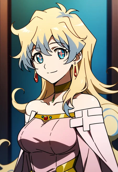 score_9,score_8_up,score_7_up,source_anime, Nia Teppelin (Timeskip),1girl,solo,breasts,looking at viewer,smile,blue eyes,blonde hair,dress,jewelry,bare shoulders,very long hair,collarbone,upper body,earrings,choker,symbol-shaped pupils,pink dress,cross-shaped pupils,