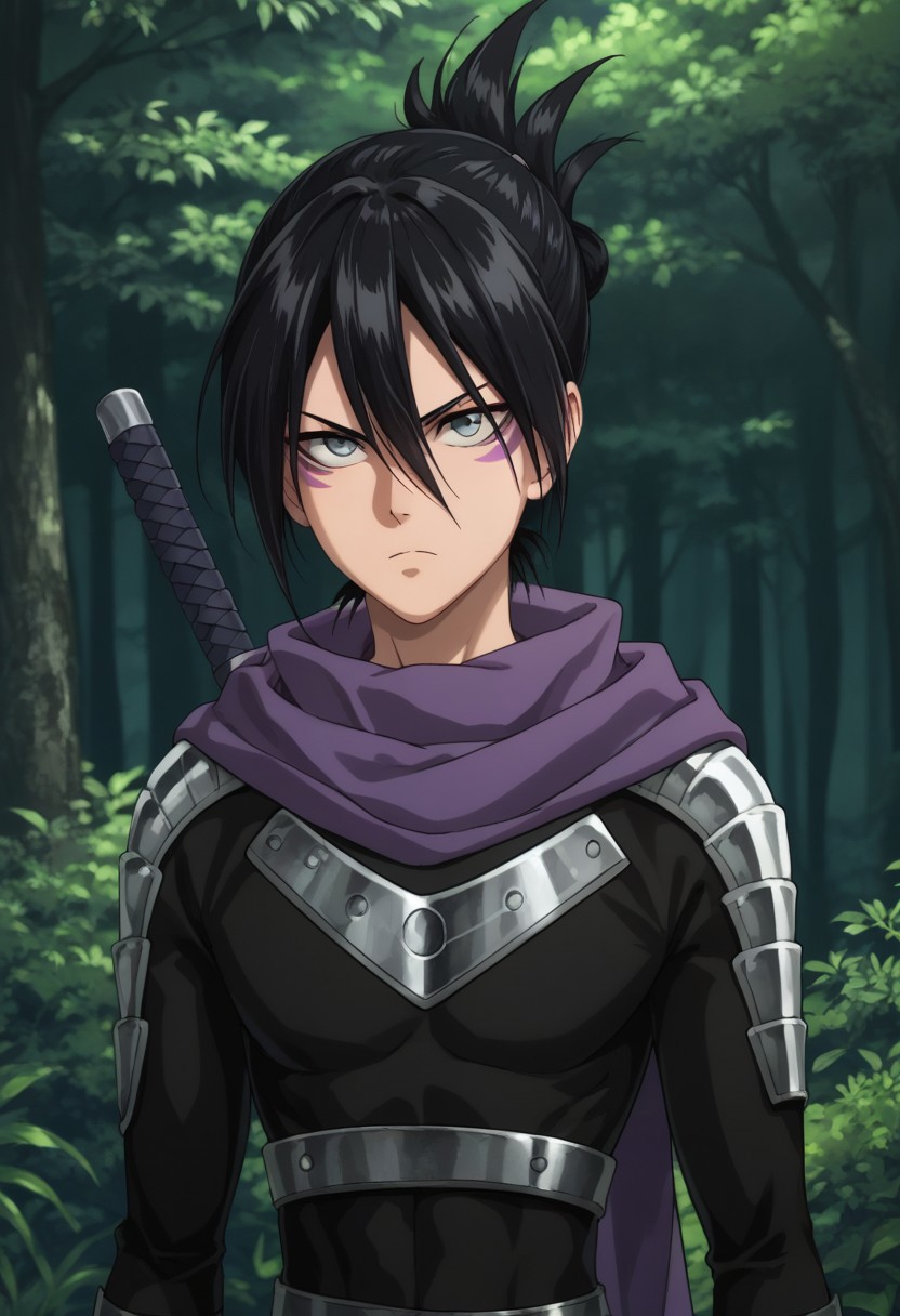 score_9, score_8_up, score_7_up, source_anime, highly detailed, 
nosonikku, 1boy, male focus, bodysuit, scarf, black hair, hair between eyes, black bodysuit, solo, facial mark, purple scarf, grey eyes, ninja uniform, upper body, serious, weapon on back,
outdoor, tree, shadows, forest,