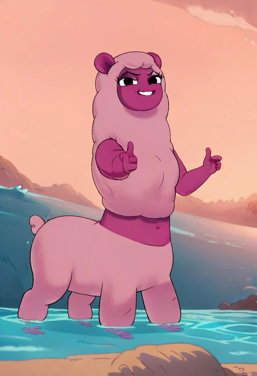 score_9, score_8_up, score_7_up, solo, 1girl, sexy girl, source_cartoon, 2d, Wammawink, llanma centaur, centaur, four legs, llama tail, light pink wool, dark pink skin, finger gun, pointing at viewer, partially submerged, partially underwater, sunset, ocean, horizon, black eyeshadow, smirk, stylish, dynamic sexy pose, standing, full body, distant shot, portrait, close up, mature female, wide pecs, looking at viewer