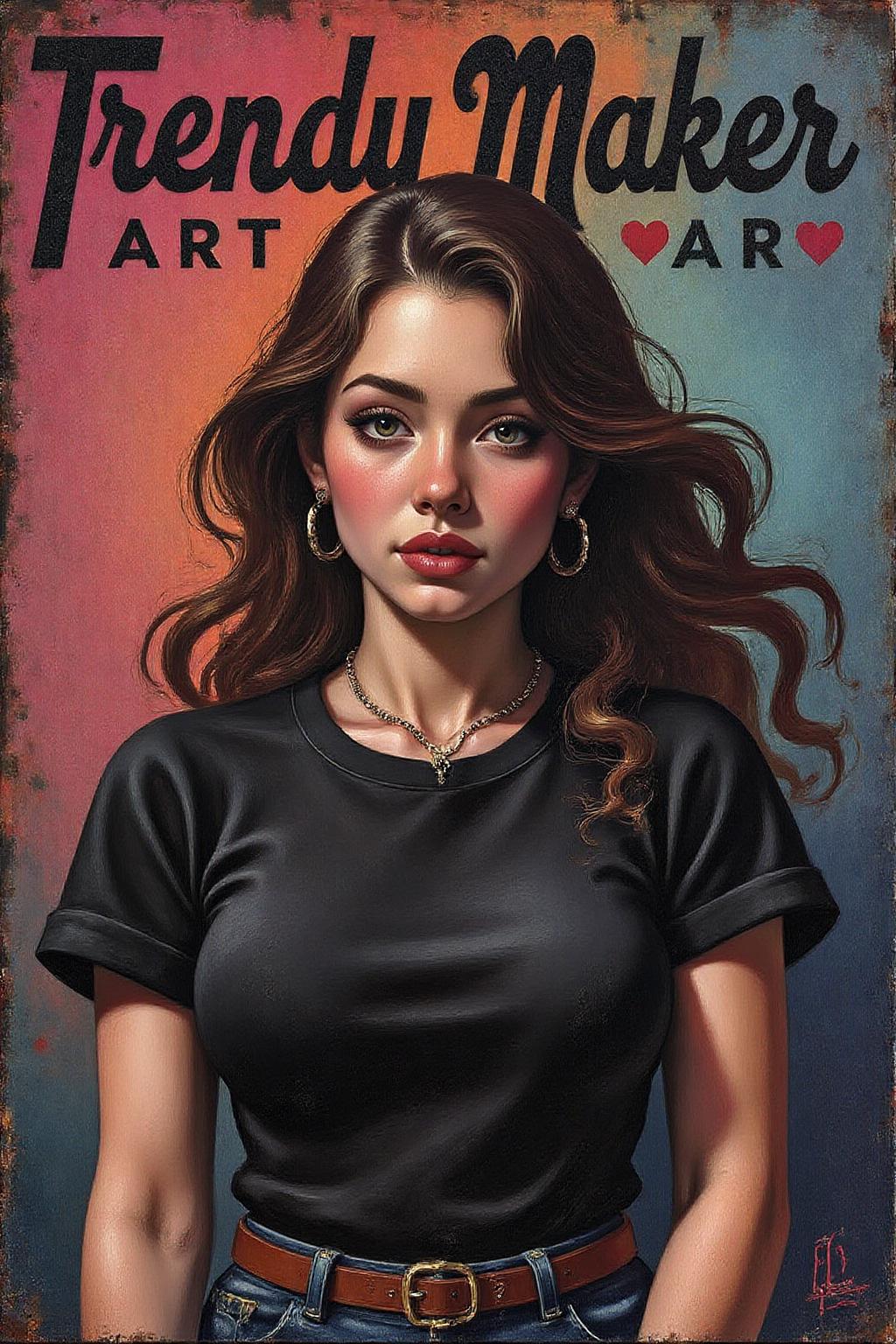 janver1 oil painting. A vibrant, abstract painting of a female figure with large breasts,wearing a black t-shirt. The grunge style blends with frutiger style elements, featuring beautiful vector shapes in a colorful, minimalistic composition reminiscent of 2004 aesthetics. A text block above her head reads TRENDY ART MAKER in bold, swirling script, incorporating the symbols ×, ⏺️, and ❤️. The gradient background adds depth, while sharp details and oversaturated colors create an eye-catching, high-quality artwork that blends vector art with mixed media. This original piece exudes a sense of trendiness, vintage flair, and award-winning quality, making it NSFW. artint, vivid colors,  <lora:janver3_handc_d6a3e13:1.0><lora:806196414356005116:0>