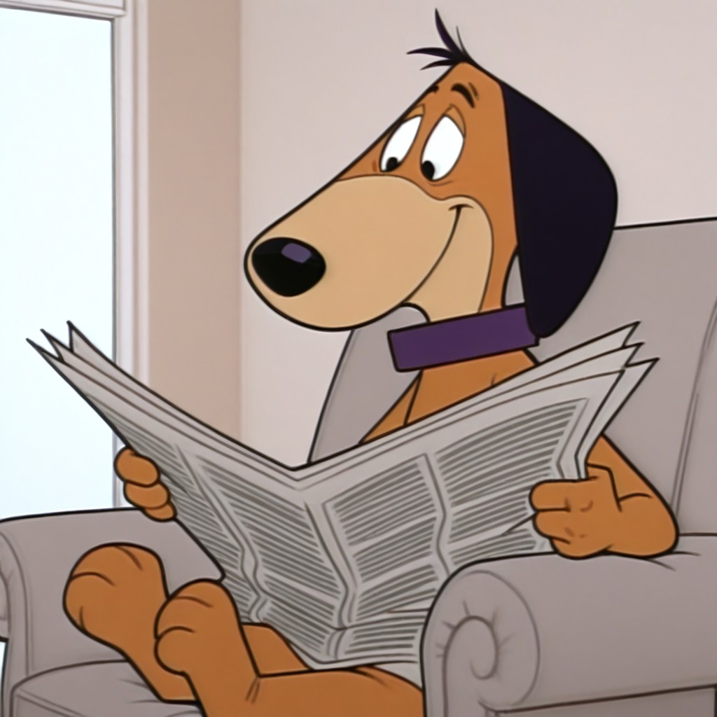 masterpiece, best quality, amazing quality, official style, d0ggi3d4ddy, male, furry male, solo, anthro, dog, short hair, black eyes, brown fur, tan muzzle, black nose, droopy ears, tail, purple collar, sitting on couch, reading newspaper, smile, indoors, living room