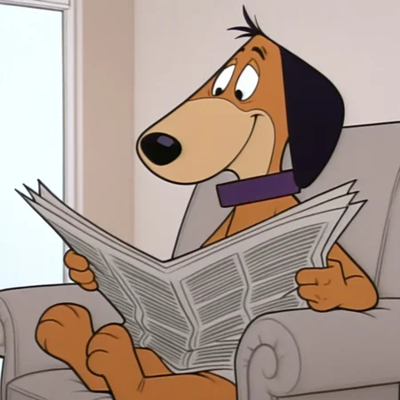 masterpiece, best quality, amazing quality, official style, d0ggi3d4ddy, male, furry male, solo, anthro, dog, short hair, black eyes, brown fur, tan muzzle, black nose, droopy ears, tail, purple collar, sitting on couch, reading newspaper, smile, indoors, living room