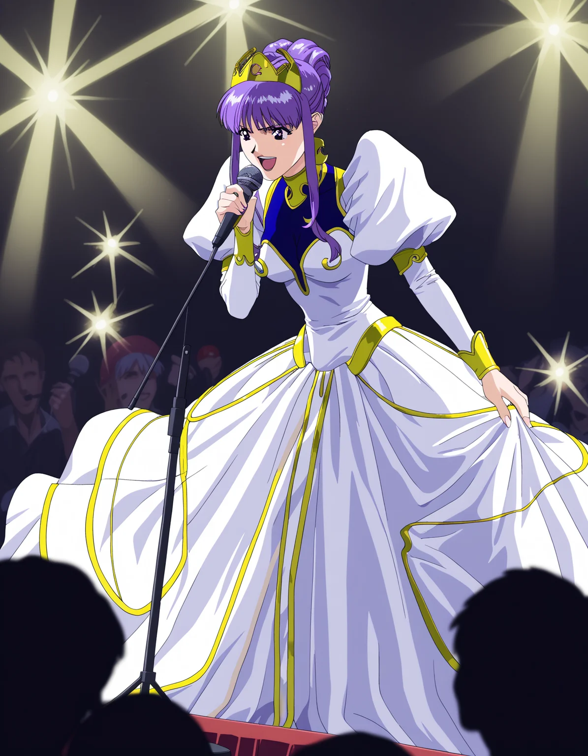 score_9, score_8_up, score_7_up 1girl, solo, julietta, purple eyes, crown, white dress, puffy sleeves,
stage, stage lights, microphone, singing,
<lora:julietta-ponyxl-000053:0.75> retro artstyle