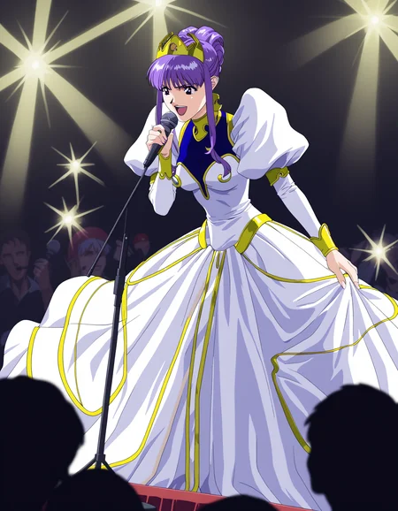 score_9,  score_8_up, score_7_up 1girl, solo, julietta, purple eyes, crown, white dress, puffy sleeves,
stage, stage lights, microphone, singing,
<lora:julietta-ponyxl-000053:0.75> retro artstyle
