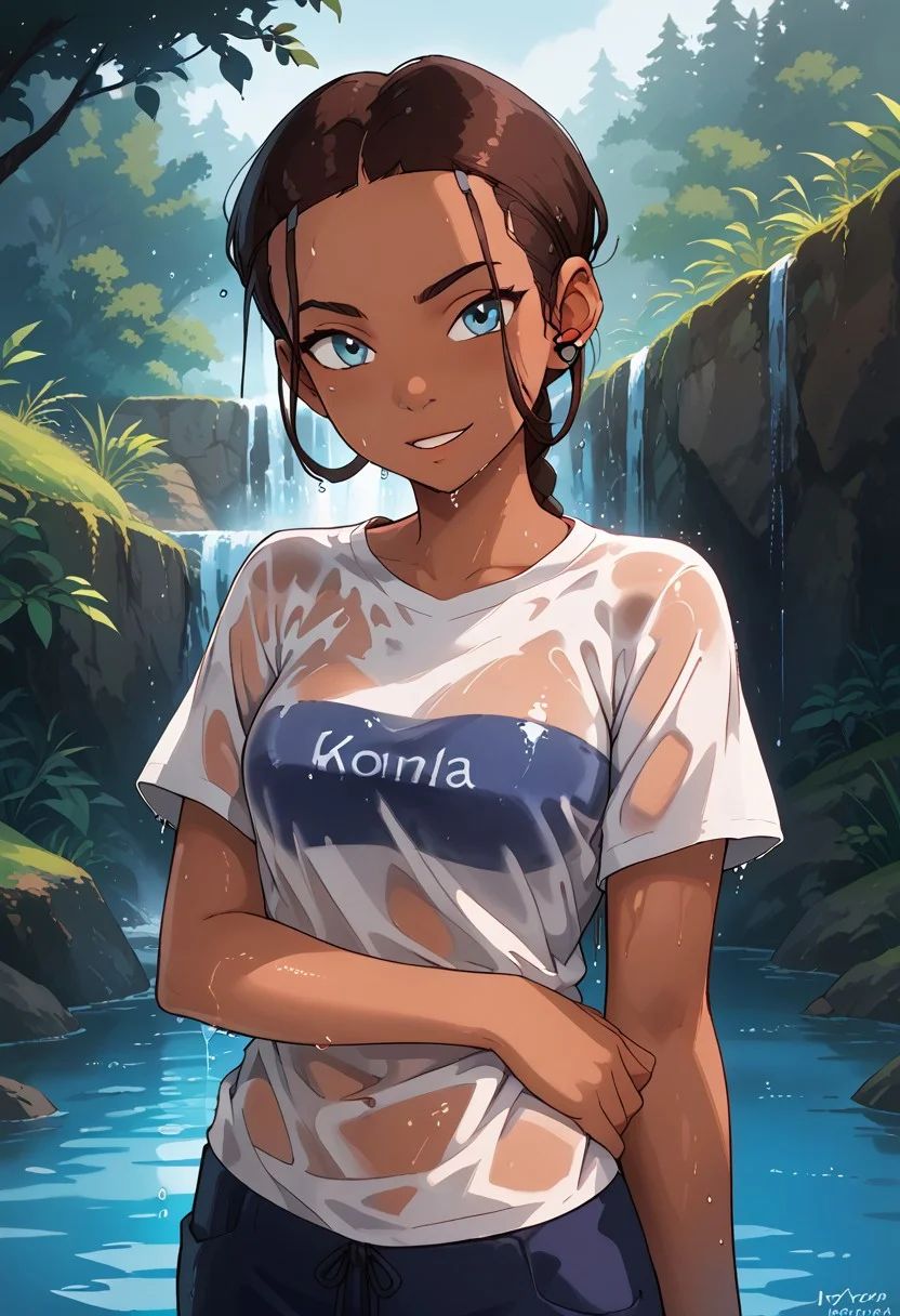 score_9, score_8_up, score_7_up, score_6_up,source_cartoon,fov:90 degrees,undercut,HD32K,,NEOST,rating_explicit wearing a red wet t-shirt} in a {river on a sunny day} {Drenched fabric clinging to her skin, water droplets glistening on her body, revealing her features}. The scene is {serene and sensual}, emphasizing {the woman's curves and the glistening water droplets}. The {warm lighting} and {vibrant color palette} adds to the {summery and carefree} atmosphere. adds to the {inviting and joyful} atmosphere. ,brokeh,fov 90 degrees,looking at the viewer,wet shirt,transparent body,ka_tara,brown hair,one braid,blue eyes, dark skin,hair tubes,T-shirt with the inscription Jamaica
