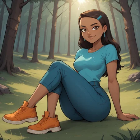 score_9, score_8, BREAK, solo, cyan shirt, 1girl, jeans, dark brown hair, hair buckle, long hair, earrings, dark skin, brown eyes, orange footwear, lips, breasts, total drama, Priya_(Total_Drama), sexy pose, smile, outdoors, sunlight, shadows, evening lighting, natural lighting, forest, trees, grass, orange sky, sunset