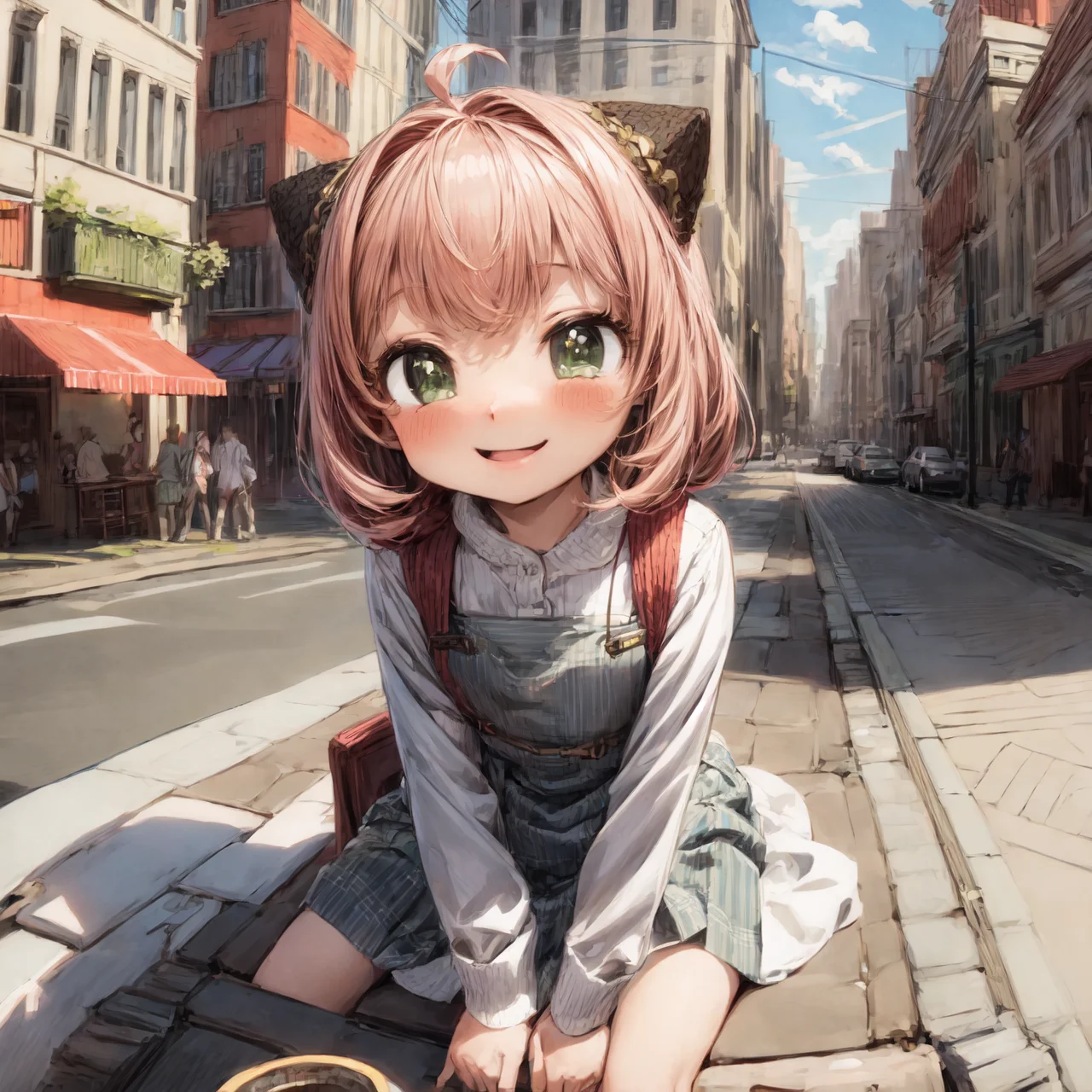 <lora:anya_forger_spyxfamily:1>, cute, wholesome smile, city, high quality, highres, masterpiece, best quality, 8k, intricate, detailed, <lora:add_detail:0.6>, very detailed, <lora:more_details:0.6>, <lora:JuggerCineXL2:0.6>, <lora:NsfwPovAllInOneLoraSdxl:0.5>, <lora:Smooth Anime 2 Style SDXL_LoRA_Pony Diffusion V6 XL:0.6>
