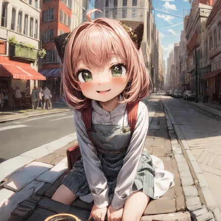 <lora:anya_forger_spyxfamily:1>, cute, wholesome smile, city, high quality, highres, masterpiece, best quality, 8k, intricate, detailed, <lora:add_detail:0.6>, very detailed, <lora:more_details:0.6>, <lora:JuggerCineXL2:0.6>, <lora:NsfwPovAllInOneLoraSdxl:0.5>, <lora:Smooth Anime 2 Style SDXL_LoRA_Pony Diffusion V6 XL:0.6>