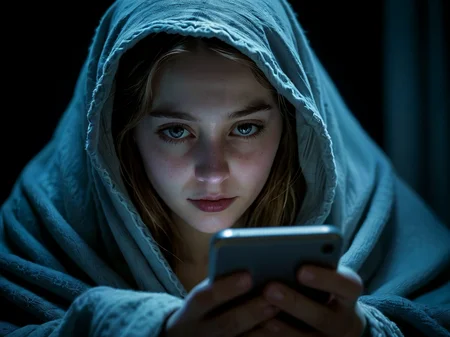 award winning photo, gothic,
In the dead of night a beautiful young woman pulls the blankets over her head and looks at her phone. Its faint blue light illuminates her face as though she glows with a pale blue light from within.