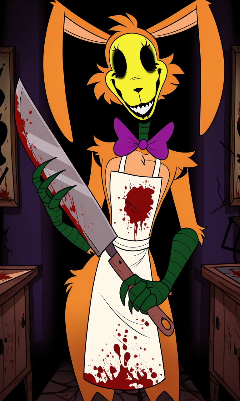 Lorenzo_waterman, claws, bowtie, smile, apron, head tilt, holds bloody cleaver, h4zb1n,
intricate, details, detailed, gloomy, dark, <lora:lorenzo-Illustrious-000015:1> <lora:HazbinHotel-Illustrious-000017:1>