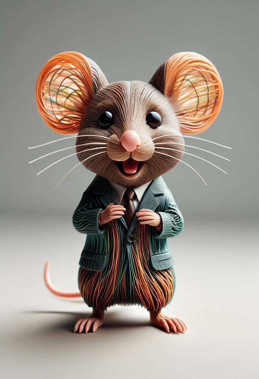 photo of a cute mouse standing wearing a business suit made of tiny neon glass filaments, make CivChan laugh