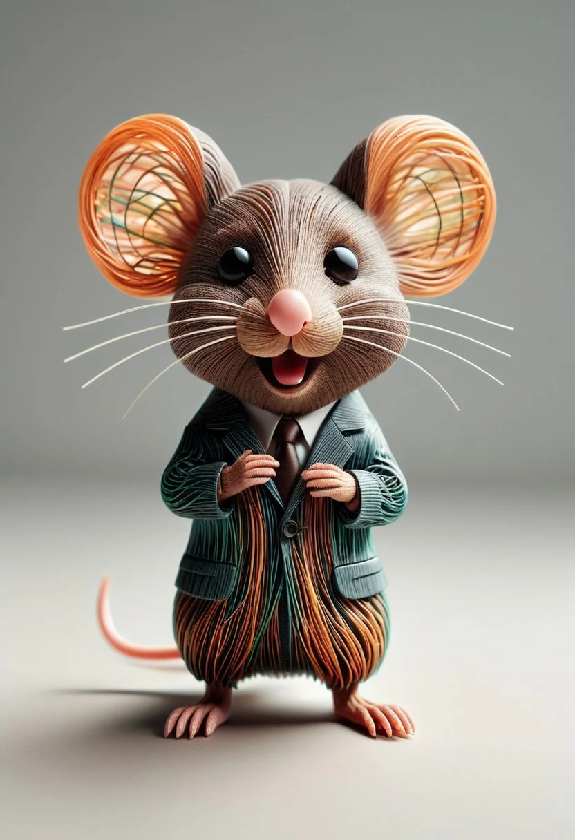 photo of a cute mouse standing wearing a business suit made of tiny neon glass filaments, make CivChan laugh