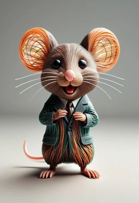 photo of a cute mouse standing wearing a business suit made of tiny neon glass filaments, make CivChan laugh