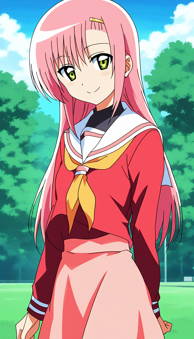 score_9, score_8_up, score_7_up, source_anime, rating_explicit, BREAK  <lora:Katsura_Hinagiku_XL:1>Katsura_Hinagiku, pink hair, long hair, Yellow green eyes, hairclip, small breasts, school uniform, red serafuku, pink skirt,
 1girl, solo, neckerchief, long sleeves, standing, smile,looking at viewer, cowboy_Shot,
blue sky, outdoor, day, grass,
2010s \(style\), anime, anime_screencap, animated gif, mp4 ,video, animated,