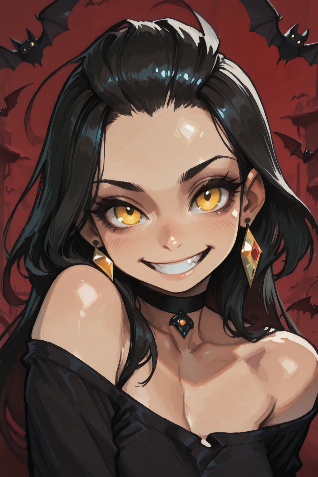 masterpiece, best quality, amazing quality, very aesthetic, absurdres, explicit, abstract, fantasy, painterly, scenery, surreal BREAK upside-down, black choker, shirt, off-shoulder shirt, solo, forehead, grin, 1girl, earrings, red background, choker, collarbone, looking at viewer, off shoulder, long hair, black shirt, smile, bat \(animal\), yellow eyes, bare shoulders, black hair, jewelry, jacket, upper body, bangs pinned back