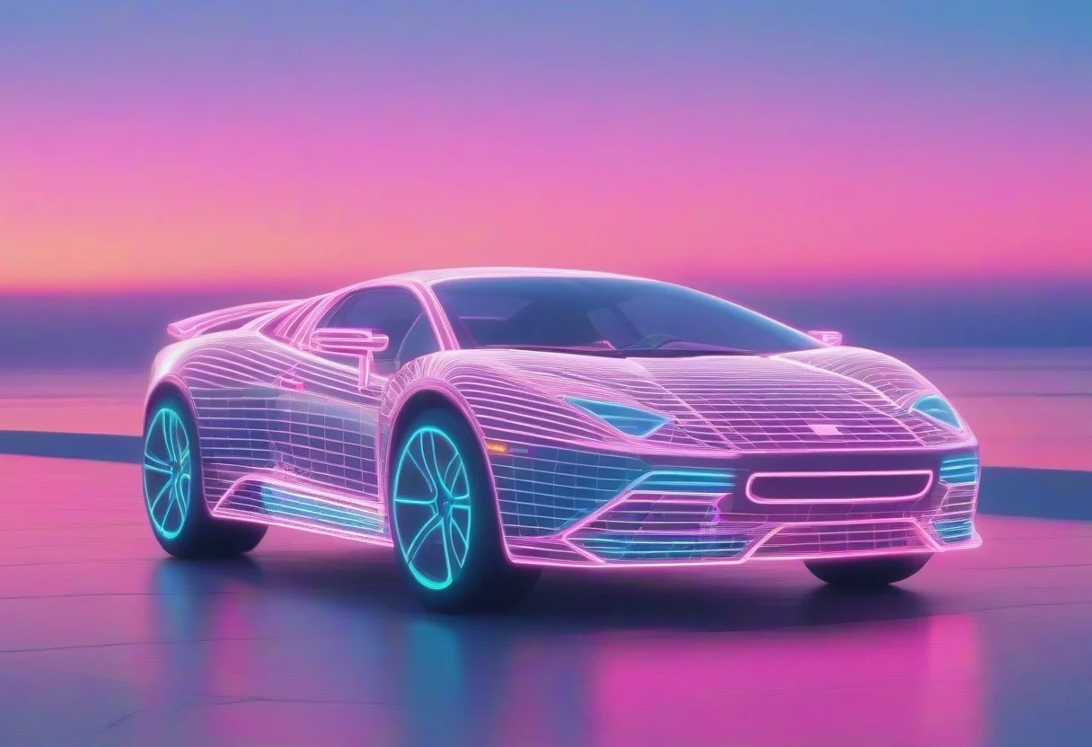 mad-vprwv man in front of a sportscar at the beach, sun at the neon horizon, 1980, neon, grid, vaporwave <lora:Neon_Cyberpunk_Vaporwave_SDXL:0.8>, (masterpiece:1.2), best quality