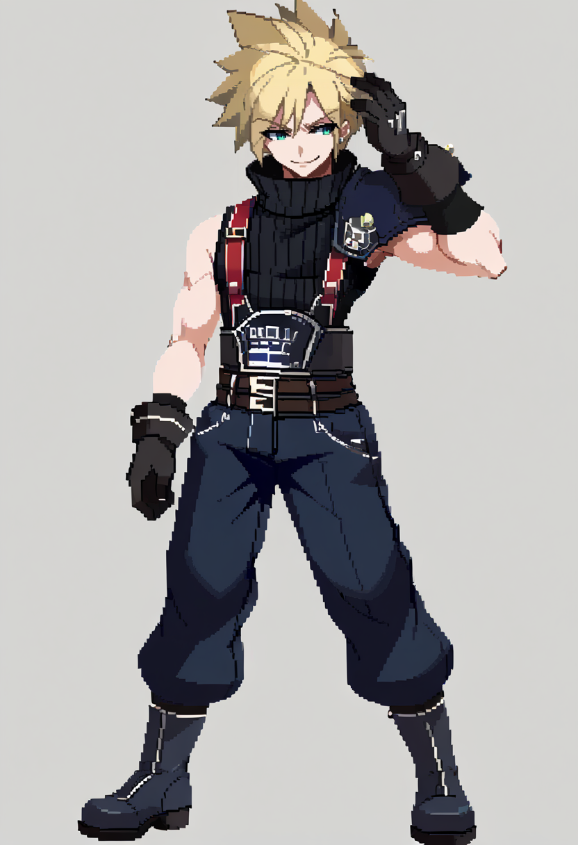 score_9, score_8_up, score_7_up, source_anime, BREAK, solo, 1boy, smirk, looking at viewer,  <lora:Under-Night-In-Birth-SpritesV2-pdxl_Fp:1>, simple background, full body, standing, <lora:cloudstrife-pdxl-nvwls-v1:1>, defCloud, blonde hair, single earring, suspenders, shoulder armor, sleeveless turtleneck, belt, baggy pants, blue pants, gloves, boots, hand on own head,