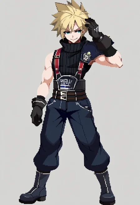 score_9, score_8_up, score_7_up, source_anime, BREAK, solo, 1boy, smirk, looking at viewer, <lora:Under-Night-In-Birth-SpritesV2-pdxl_Fp:1>, simple background, full body, standing, <lora:cloudstrife-pdxl-nvwls-v1:1>, defCloud, blonde hair, single earring, suspenders, shoulder armor, sleeveless turtleneck, belt, baggy pants, blue pants, gloves, boots, hand on own head,