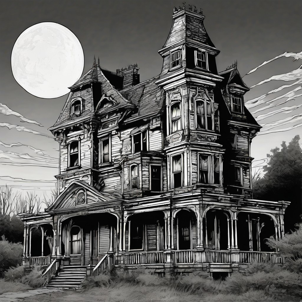 comics, graphics novel, Generate a stunning sketch lineart image [realistic], epic, cinemascope, intricate, ((best quality)), ((masterpiece)), ((realistic)) with [detailed linework], [dynamic shading] and [dramatic lighting], creepy haunted house at twilight