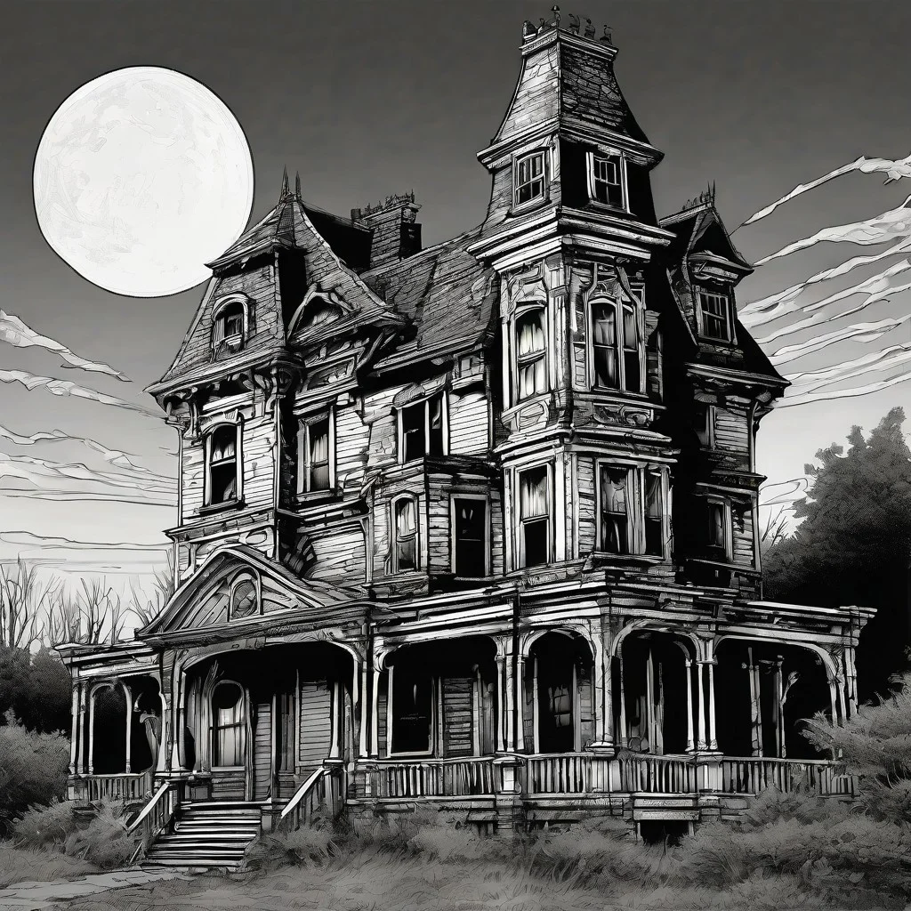 comics, graphics novel, Generate a stunning sketch lineart image [realistic], epic, cinemascope, intricate, ((best quality)), ((masterpiece)), ((realistic)) with [detailed linework], [dynamic shading] and [dramatic lighting], creepy haunted house at twilight