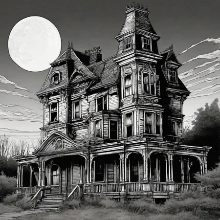comics, graphics novel, Generate a stunning sketch lineart image [realistic], epic, cinemascope, intricate, ((best quality)), ((masterpiece)), ((realistic)) with [detailed linework], [dynamic shading] and [dramatic lighting], creepy haunted house at twilight