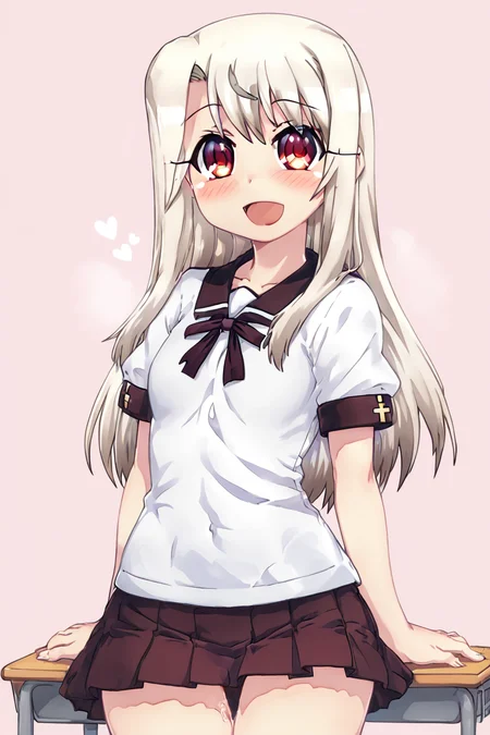 score_9, score_8_up, score_8, medium breasts, (curvy), cute, eyelashes, BREAK, , BREAK, illyasviel von einzbern, 1girl, solo, red eyes, white hair, long hair, red eyes, skirt, shirt, ribbon, school uniform, white shirt, short sleeves, black skirt, homurahara academy school uniform, <lora:PrismaIllya_PDXL_v3:0.8>, ,,, <lora:HaseYu_PDXL:0.8> ,,,, BREAK, smile, looking at viewer, cowboy shot, embedding:zPDXL, Expressiveh, <lora:SDXLFaeTastic2400:0.5>, <lora:Expressive_H-000001:0.4>,