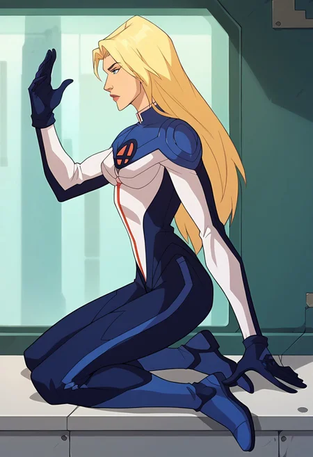 score_9, score_8_up, score_7_up, masterpiece, high quality, source_cartoon, 1girl, solo, alone, 
iwWGH, blonde hair, long hair, blue eyes, lips, makeup, multicolored bodysuit, blue gloves, blue footwear, 
full body, from side, profile, laboratory, clean design, indoors,