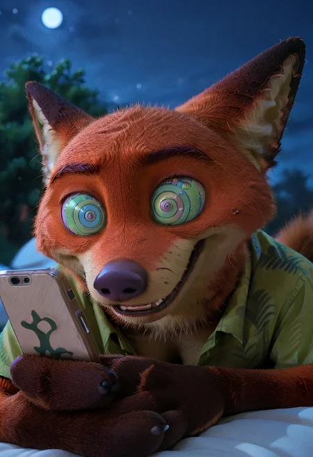 score_9, score_8_up, score_7_up, score_6_up, score_5_up, <lora:ph0n3XLP_r1:1> ph0n3, holding phone, lying, 1boy, nick wilde zootopia disney, furry male anthro
, cleavage, freckles, (kaa eyes), open mouth, dark night, night