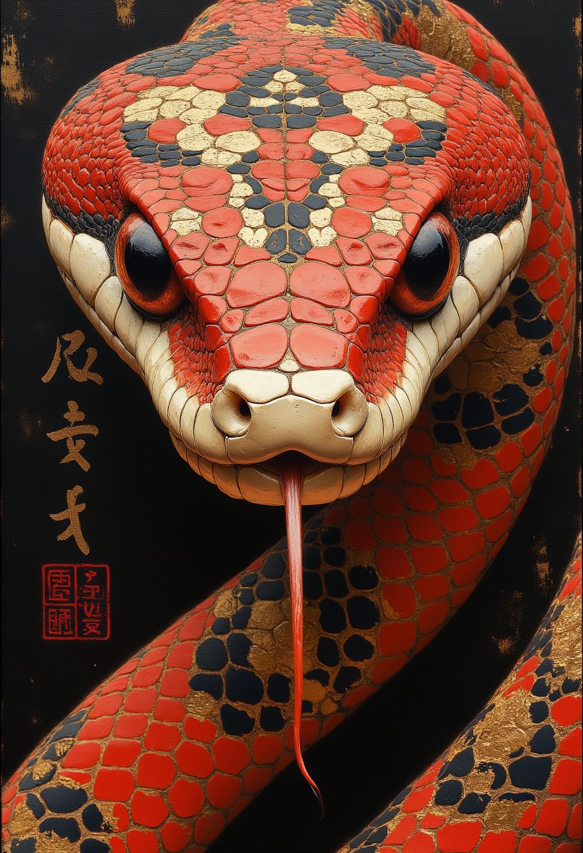 japanese snake art is depicted with intricate, realistic digital painting of a snake, with a striking contrast of red, gold, black and white, giving a three-dimensional effect, realistic appearance,