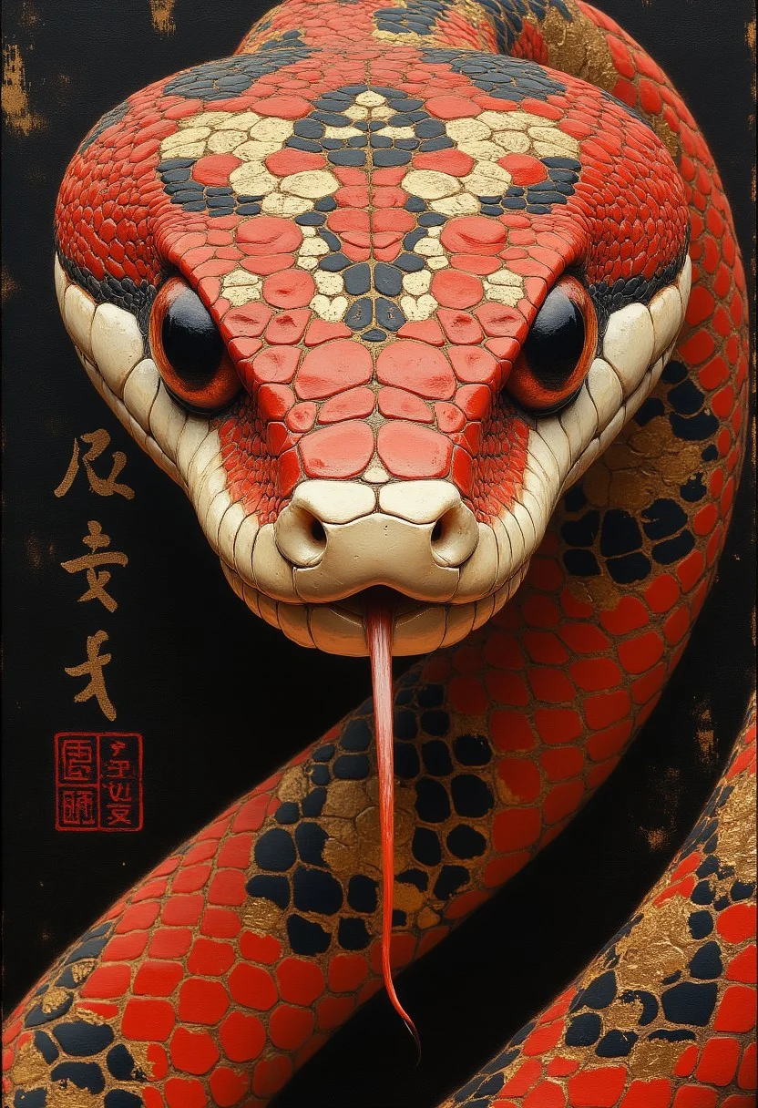 japanese snake art is depicted with intricate, realistic digital painting of a snake, with a striking contrast of red, gold, black and white, giving a three-dimensional effect, realistic appearance,