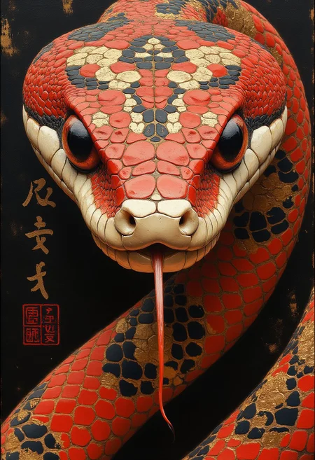 japanese snake art is depicted with intricate, realistic digital painting of a snake, with a striking contrast of red, gold, black and white, giving a three-dimensional effect, realistic appearance,