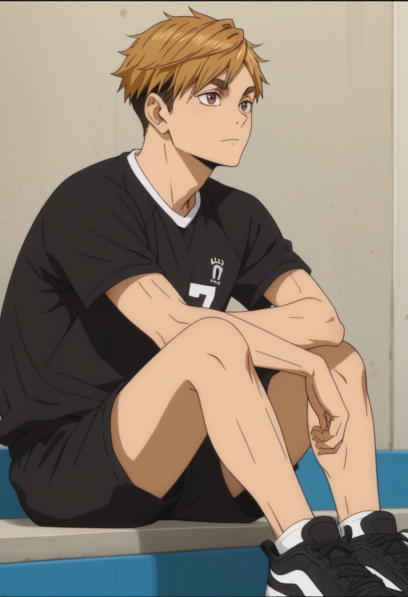 score_9, score_8_up, score_7_up, source_anime, rating_safe, Atsaikyu, 1boy, male focus, anime screencap, black Inarizaki shirt, black Inarizaki shorts, black sneakers, sitting,