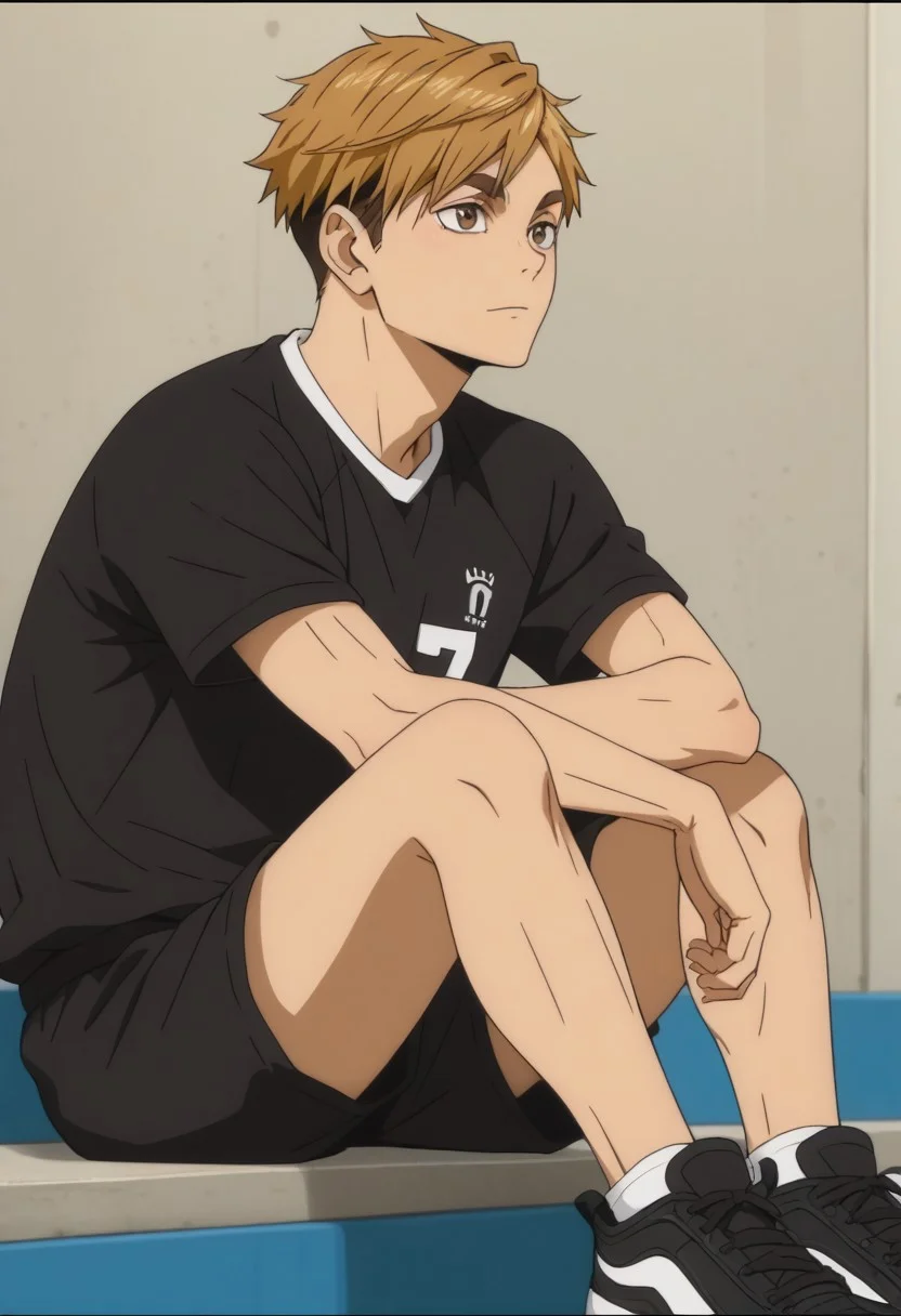 score_9, score_8_up, score_7_up, source_anime, rating_safe, Atsaikyu, 1boy, male focus, anime screencap, black Inarizaki shirt, black Inarizaki shorts, black sneakers, sitting,