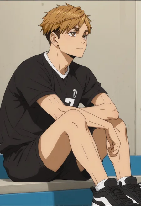 score_9, score_8_up, score_7_up, source_anime, rating_safe, Atsaikyu, 1boy, male focus, anime screencap, black Inarizaki shirt, black Inarizaki shorts, black sneakers, sitting,