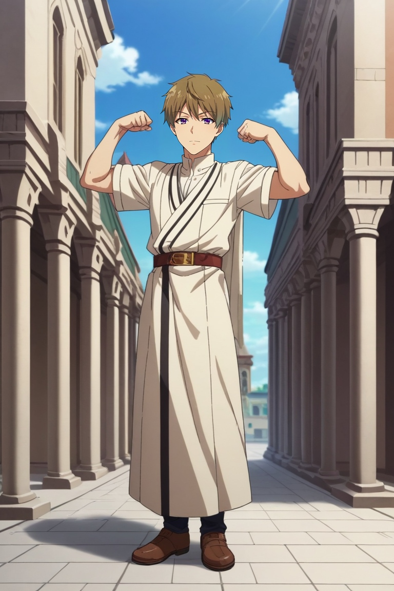 score_9, score_8_up, score_7_up, source_anime, rating_safe, intricate details, anime screencap, anime coloring, official style, looking at viewer, , 1boy, solo, male focus, <lora:yousuke_hirata_pony:0.78>, yousuke_hirata, brown hair, purple eyes, short hair, full body, palace, day, sunny, flexing, :o, outlaw costume, <lora:sdxl_lightning_8step_lora:1>