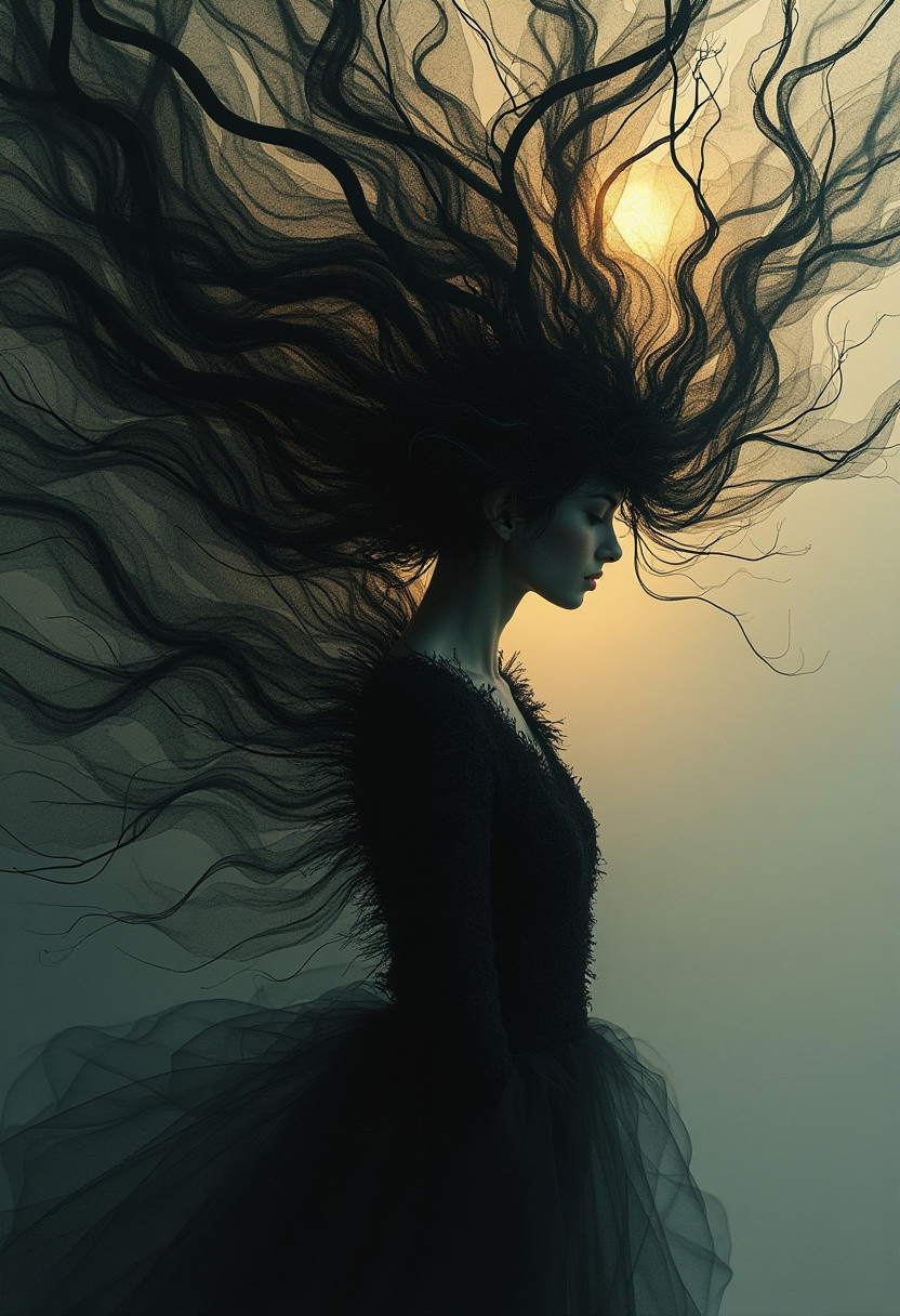 (Soft Lighting Photography by Mimoza Veliu and Mario Giacomelli:1.2), NSFW, romanticism art by Jean-Léon Gérôme and Conrad Roset, Painting, singularity black rivers ripple their banks in the depth-spanning evocative form of this pullarist and whimsical creation: one with an intelligent figure who radiatest passion and intelligence. She wearstrupted into her impressionist physique to decipher what she wants out. She moves confidently across all shapes and sizes crafted from high fiber, carrying through a swirly energy network in which they are filled with complex parts. It is both terrifying for viewers and captivating melancholic. , luxurious sharp focus, intense, dynamic cinematic color, intricate detail, best, located artistic, Fashion and art,elegant and sophisticated, innovative use of light and shadow, capturing the glamour of mid-20th century fashion, Art Nouveau, decorative, allegorical, symbolic