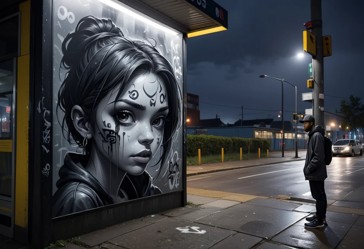 (medium full shot) of (long shot ) of graffiti artist waiting at a bus stop, detailed face, located in an urban scene at a bustling bus stop during evening with overcast weather, illuminated by moonlight, creating a lively atmosphere, ,Masterpiece,best quality, photo, realistic, very aesthetic