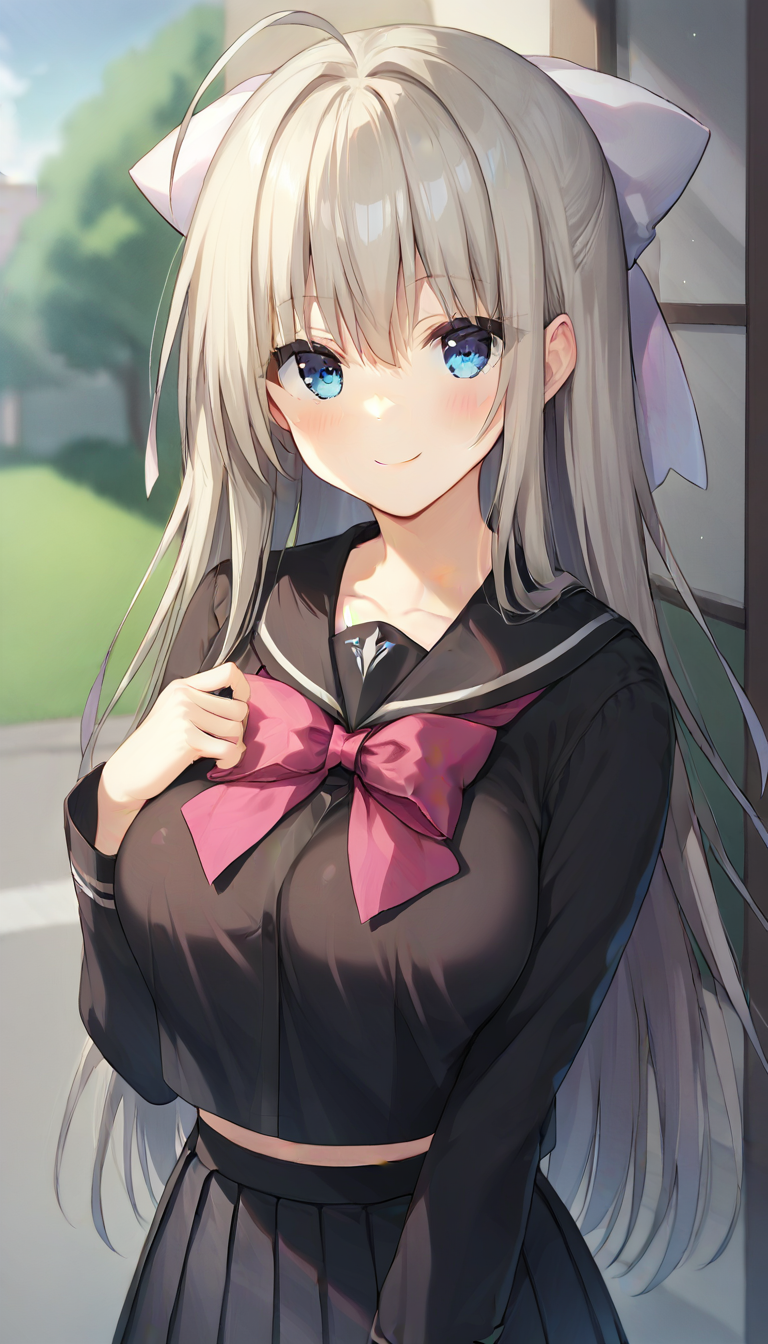 score_9,score_8_up,score_7_up,score_6_up BREAK official art,solo,outdoors,upper body,(portrait:1.5),looking at viewer,facing viewer,smile,blush,Ghost,ahoge,very long hair,white hair,hair bow,white bow,hair ribbon,white ribbon,sidelocks,bangs,blue eyes,school uniform,black sailor collar,pink bowtie,black shirt,long sleeves,large breasts,black skirt,pleated skirt,black pantyhose,loafers,<lora:Ghost(pa)-Pony:1.4>,