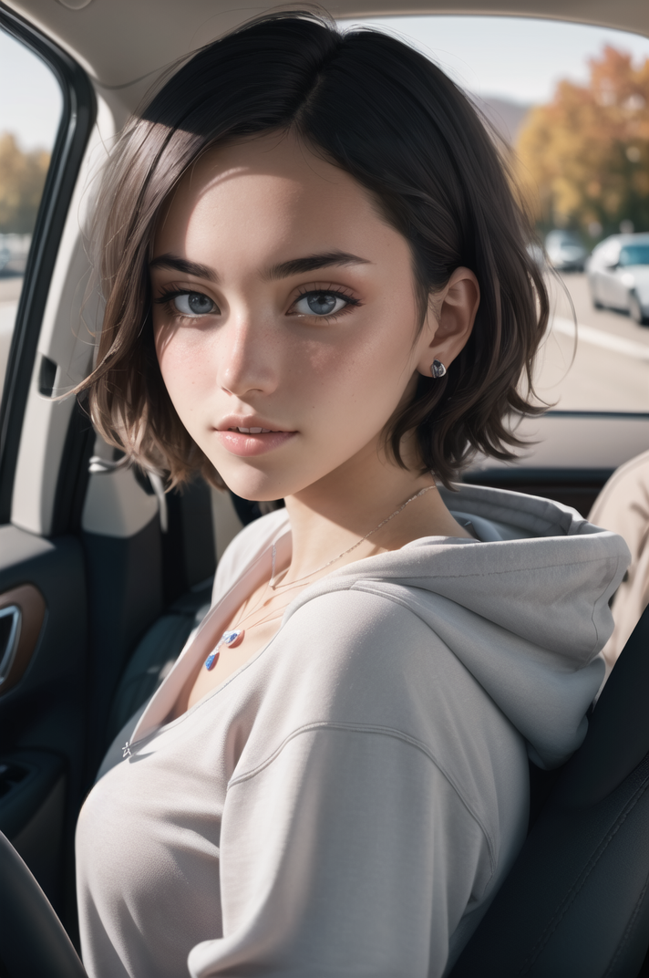 RAW photo, a 22-year-old-girl, upper body, selfie in a car, blue hoodie, (raecmbr-2650:0.9), (r4ec4mbr4:0.95), (1girl), (realistic), (photo-realistic:1.5), inside a car, driving, lipstick, freckles, (short hair), multicolor hair, necklace, (RAW photo, 8k uhd, film grain), Sharp Eyeliner, Blush Eyeshadow With Thick Eyelashes, extremely delicate and beautiful, 8k, soft lighting, high quality, highres, sharp focus, extremely detailed, during the day, (sunlight on face), beautiful detailed eyes, extremely detailed eyes and face, masterpiece, cinematic lighting, (high detailed skin:1.2), 8k uhd, dslr, soft lighting, high quality, film grain, Fujifilm XT3