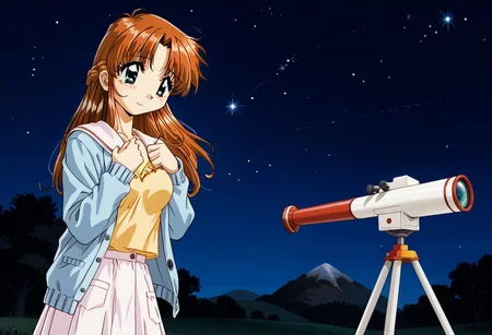 detailed background, shiny skin, rating safe, <lora:komirin.pony:1.0>, komirin, seina, solo, female focus, :o, medium breasts, blue cardigan, long sleeves, open cardigan, yellow shirt, denim skirt, outdoors, telescope, Seina's house, Starry night, backyard