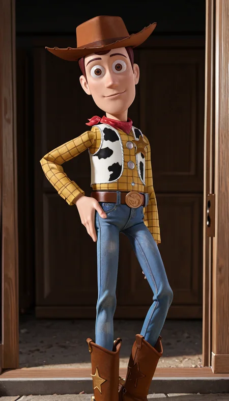 masterpiece,best quality,absurdres,newest,perfect quality,best quality,absolutely eye-catching,detailed background,male focus,<lora:Toy Story - Sheriff Woody - Illustrious-000006:0.7>,s_woody,1boy,animate object,brown hair,brown eyes,cowboy hat,red bandana,yellow shirt,long sleeves,vest,belt,jeans,cowboy boots,sheriff badge,head tilt,looking at viewer,slim,hand on own hip,toy story,cowboy western,saloon,