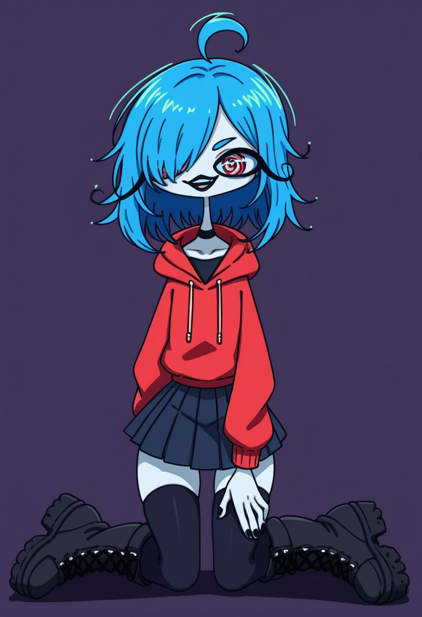 score_9, score_8_up, score_7_up, source anime,
masterpiece, best quality, detailed, amazing quality,
simple background, dark background,
detailed eyes, clean eyes, 
dynamic pose, 
solo, 1girl,
easynegative,
colored skin, blue skin, red eyes, blue sclera, long hair, blue hair, messy hair, ringed eyes, red hoodie, black skirt, pleated skirt, miniskirt, combat boots, platform boots, knee boots, black thighhighs, black choker, blue drawstrings, black lips, hair over one eye, evil smile, gesugao, medium hair, hair over shoulder, bangs, black nails, black footwear, black laces, hood down