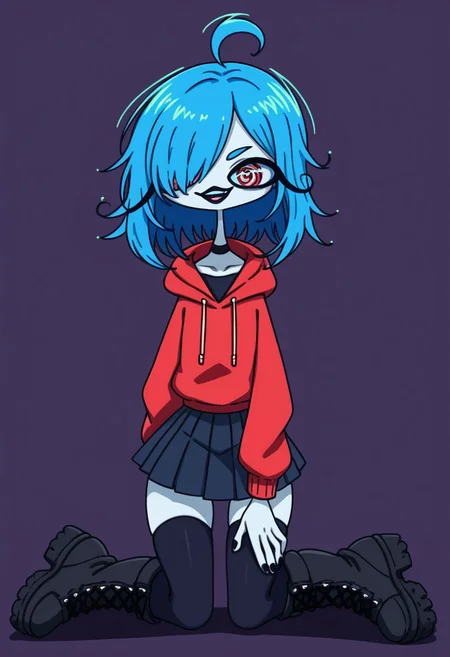 score_9, score_8_up, score_7_up, source anime,
masterpiece, best quality, detailed, amazing quality,
simple background, dark background,
detailed eyes, clean eyes,
dynamic pose,
solo, 1girl,
easynegative,
colored skin, blue skin, red eyes, blue sclera, long hair, blue hair, messy hair, ringed eyes, red hoodie, black skirt, pleated skirt, miniskirt, combat boots, platform boots, knee boots, black thighhighs, black choker, blue drawstrings, black lips, hair over one eye, evil smile, gesugao, medium hair, hair over shoulder, bangs, black nails, black footwear, black laces, hood down