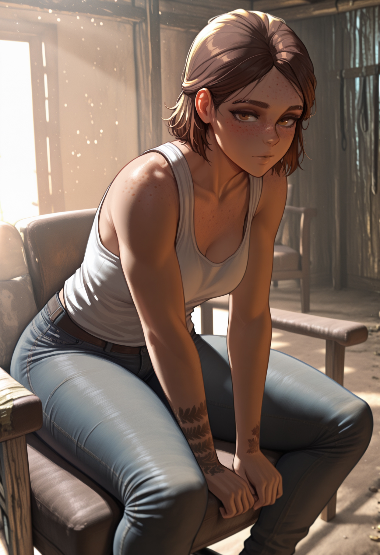 masterpiece,best quality, beautiful lighting, shexyoart, god rays,1girl, solo, EllieLOU, brown hair, medium hair, small breasts, hazel eyes, eyebrow slit, freckles, forearm tattoo, white tank top, jeans, portrait, sitting on chair, leather armchair, elbows on knees, leaning forward, view from the front, legs spread, looking at viewer,depth of field, blurry background, shack, interior, dirty, 