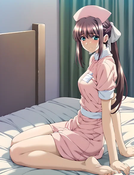 <lora:pony_xl_ren:0.8>,ren,score_9,score_8_up,score_7_up,source_anime,1girl,nurse,infirmary,bed,embarrass,light_blush,sitting,wariza,barefoot,arched_back,hair_flaps,