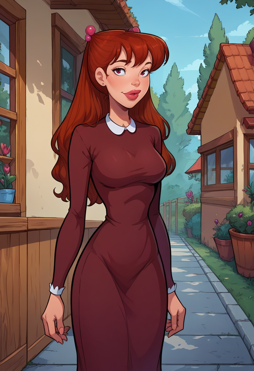 score_9, score_8_up, score_7_up,  solo, rating_safe, julia, long hair, 1girl, brown hair, lips, solo, hair ornament, breasts, red hair, dress <lora:julia sdxl:1>