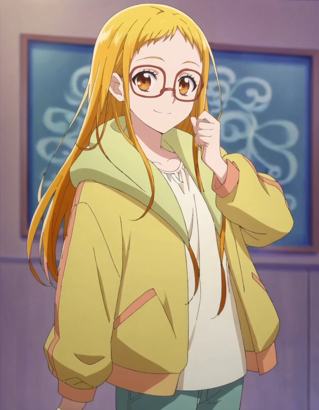 score_9, score_8_up, score_7_up, anime screencap, solo,1girl,kasuganourara, glasses, looking at viewer, smile, jacket, semi-rimless eyewear, shirt, yellow jacket,pants,cowboy shot<lora:kasuganourara:0.8>,