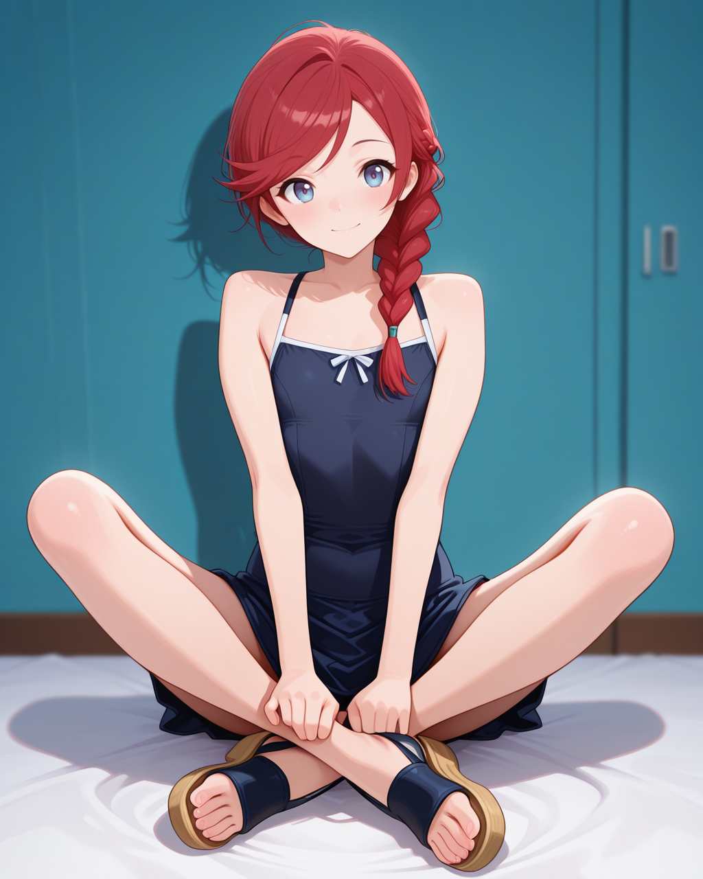 masterpiece,best quality,highres illustration,detailed face,<lora:flatbody_IL:1>,flat body,1girl,full body,indian style,red hair,braid,swept bangs,sandals,