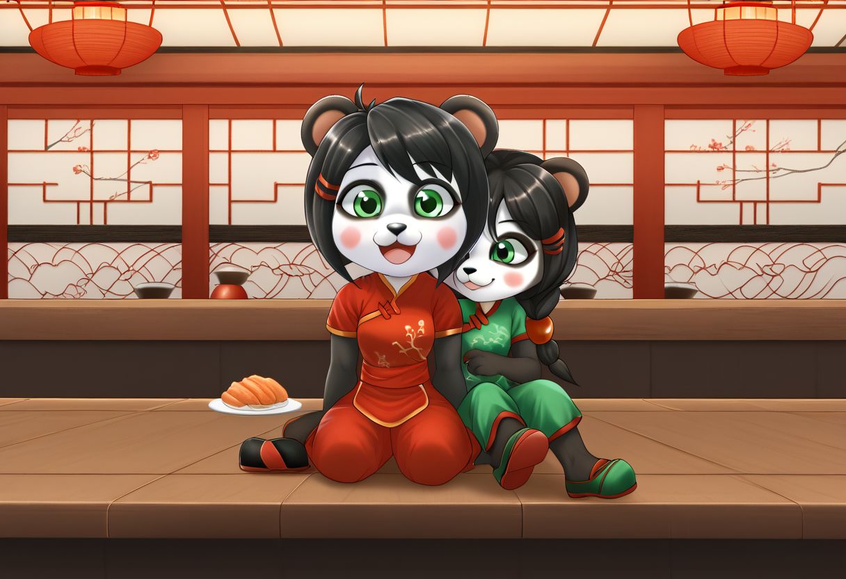 zPDXLxxx, YayaPandaPXL, furry,furry female, animal ears, green eyes, braid, black hair, panda ears, hair over shoulder, hair ornament, animal nose, blush, blush stickers, happy, simple chinese red dress, joyful, black chinese pants, black chinese shoes, serving chinese cuisine, working at chinese boufett, chinese food restaurant, cheerful, happy customers, china decorations, chinese restaurant,